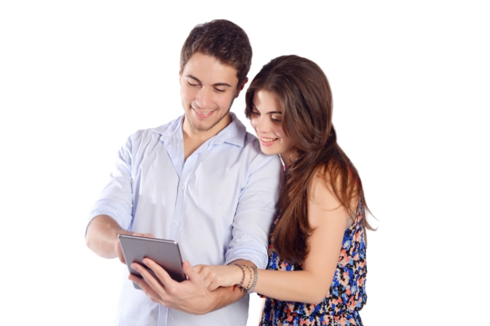 Couple using a tablet to review a request